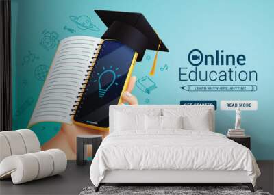 Online education school vector design. Back to school online education with mobile phone application and notebook learning elements for e learning web page background. Vector illustration online  Wall mural