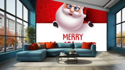 Santa claus vector christmas greeting card template. Santa claus character holding white board with christmas greeting text for holiday season in white with empty space for messages in red background. Wall mural