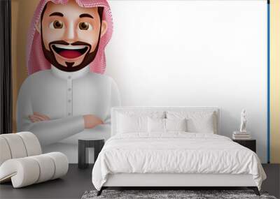 Saudi arab man vector character wearing thobe speaking with blank white board in the background. Vector illustration.
 Wall mural