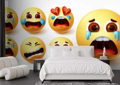 Smiley emoji in tears vector set. Smileys yellow face in crying, sad, broken hearted and pain facial expression for dramatic emoticon collection design. Vector illustration  
 Wall mural