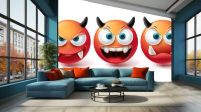 Smiley evil face vector set. Smileys emoji bad, monster, demon and scary red icon collection isolated in white background for graphic elements design. Vector illustration Wall mural