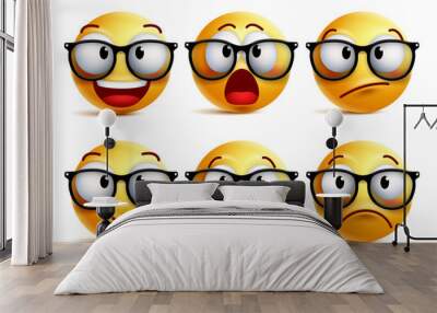 Smiley face vector set of yellow nerd emoticons with eyeglasses and funny facial expressions isolated in white background. Vector illustration.
 Wall mural