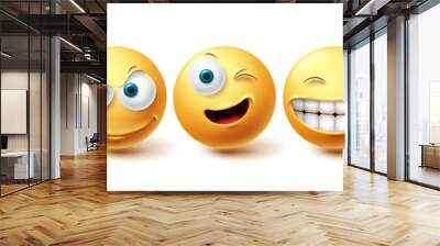 Smiley happy vector set. Smileys face yellow emoticon with funny, winking and naughty facial expressions isolated in white background for design elements. Vector illustration Wall mural