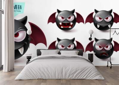 Smileys halloween emoji vector set. Smiley emojis creepy bat character collection isolated in white background for graphic design elements. Vector illustration Wall mural