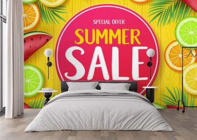 Special Offer Summer Sale in Circle Tag Poster with Tropical Fruits Such as Orange, Lime, Lemon and Watermelon in Yellow Wood Background with Palm Tree Leaves Vector Illustration. For Promotional
 Wall mural