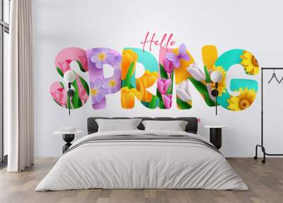 Spring flower text vector design. Hello spring text, font and letters with colorful and blooming flowers decoration elements. Vector Illustration. Wall mural