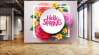 Spring flower vector background. Hello spring text in white frame space and colorful camellia and crocus flowers in white background. Vector illustration. Wall mural