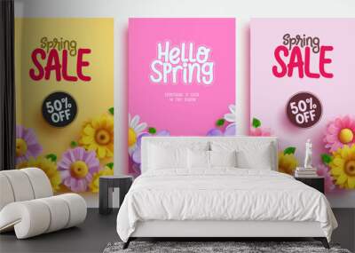 Spring sale text vector banner set design. Hello spring greeting card and season promotion discount flyers lay out collection for seasonal background. Vector Illustration.  Wall mural