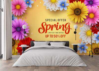 Spring special offer vector banner background with spring season sale text and colorful chrysanthemum and daisy flowers elements in yellow background. Vector illustration. Wall mural