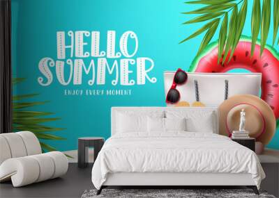 Summer beach vector background design. Hello summer text with colorful beach elements in white sand for tropical season design. Vector illustration.
 Wall mural