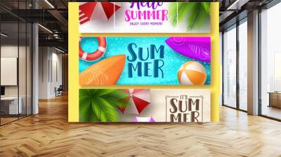 Summer design vector banner set. Hello summer greeting text in beach sand with colorful summer elements like, surfboard, balls and umbrella. Vector illustration. Wall mural