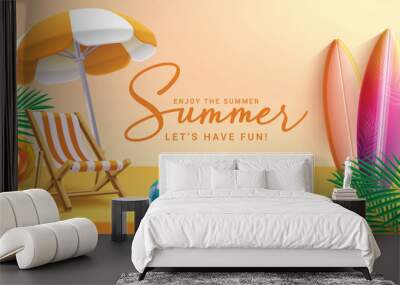 Summer greeting vector banner design. Summer greeting text in yellow space with umbrella, chair, surfboard and floaters beach elements for tropical product promotion background. Vector illustration Wall mural