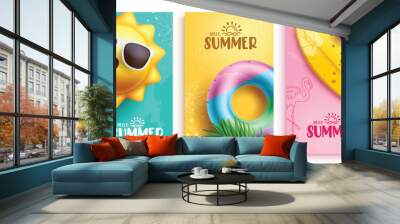 Summer hello text vector poster set. Hello summer greeting card with sun wearing sunglasses, beach floaters and surfboard elements. Vector illustration summer greeting card collection.
 Wall mural