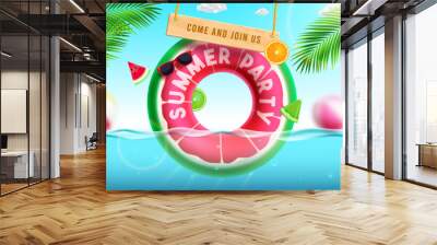 Summer party vector design. Summer party text in watermelon floater element for beach event celebration. Vector illustration summer party invitation. Wall mural