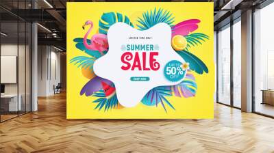 Summer sale text vector banner design. Summer sale limited time offer 50% discount price with tropical leaves and flamingo elements. Vector illustration summer promotion season template.   
 Wall mural