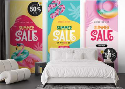 Summer sale text vector poster set. Summer sale season promotion with limited time and special offer text poster layout collection. Vector illustration summer discount flyers design.
 Wall mural