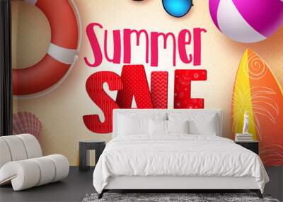 Summer sale vector banner design with red 3D sale text and colorful beach elements in yellow pattern background for summer seasonal discount promotion. Vector illustration.
 Wall mural