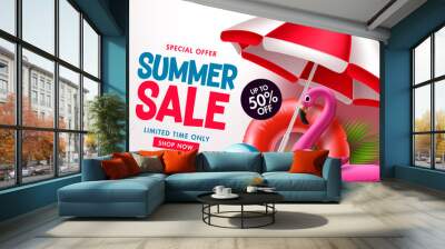 Summer sale vector banner design. Summer sale in white blank space for text with tropical elements discount price for seasonal sale. Vector illustration.  Wall mural