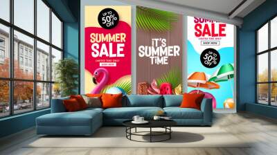 Summer sale vector poster design. Summer promotion flyer set for special promo shopping coupon sale design. Vector illustration. Wall mural