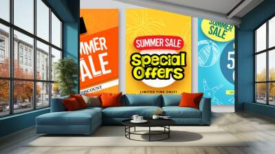 Summer sale vector web banner designs and special offers for summer holiday store shopping promotion with colorful backgrounds and elements. Vector illustration.
 Wall mural