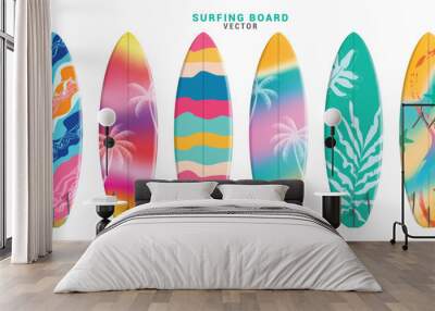 Summer surfboard elements vector set design. Summer surfing board in colorful printed pattern collection for tropical season water sport activity 3d realistic element. Vector illustration  summer  Wall mural