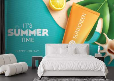 Summer time text vector banner. It's summer time happy holiday with sunscreen lotion for product advertisement and brochure design. Vector illustration summer time banner design. 
 Wall mural