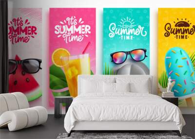 Summer time vector poster set design. It's summer time text tropical holiday seasonal tags collection. Vector illustration greeting card banner background.  Wall mural