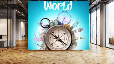 Travel around the world vector design. Travel the world famous landmarks and tourist destination with compass element for travel vacation and tour trip navigation. Vector illustration.
 Wall mural