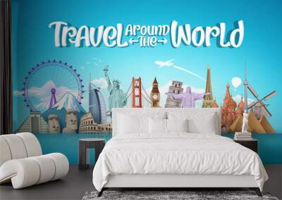 Travel around the world vector landmark design. Famous landmarks around the world elements with travel vacation text in blue background. Vector illustration.
 Wall mural