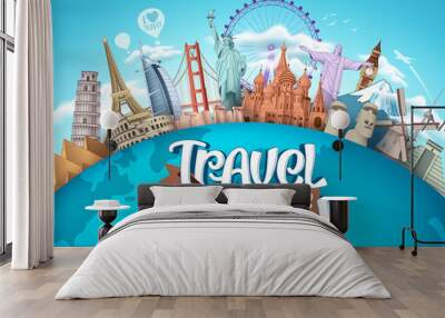 Travel around the world vector tourism design. Travel the world text, famous tourism landmarks and world attractions elements for holiday vacation trip. Vector illustration.
 Wall mural