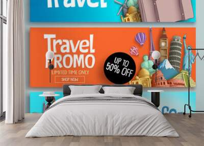 travel banner set vector template design with travel and tour text and world's famous landmarks and  Wall mural