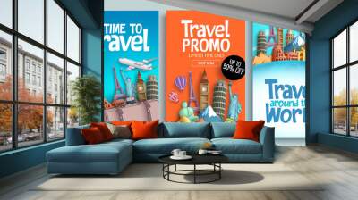 travel poster set vector template design with promo text and world's famous landmarks and tourist de Wall mural