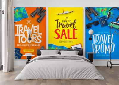 Travel Poster Vector Set Template with Creative Stylish Text Logo and Realistic 3D Traveling Item Elements Good for Digital and Print Design. For Promotional Purposes Wall mural