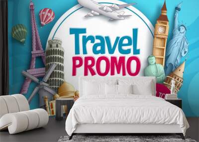 Travel promo vector banner design with world's famous tourist landmarks elements and white space for promotion text. Vector illustration.
 Wall mural