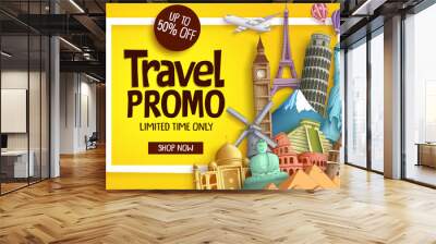 Travel promo vector banner template with discount text and famous tourist landmarks elements in a frame for travel and tour promotion. Vector illustration.
 Wall mural