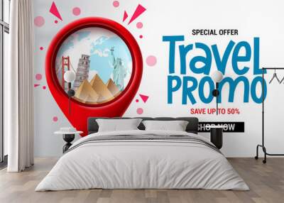 Travel sale vector banner design. Travel promo special offer text with location pin elements for advertising and promotional background. Vector illustration  Wall mural