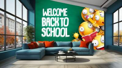 Welcome back to school text and smileys with facial expressions or emoticons students in chalkboard background for education. Vector illustration.
 Wall mural