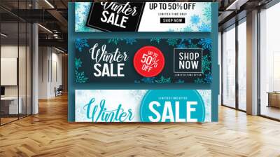 Winter sale vector banner set with sale text and snow background template in different colors for winter season discount promotion. Vector illustration.
 Wall mural