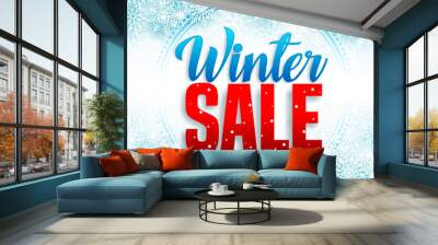 Winter sale vector banner with red sale text and snow flakes in white background for retail seasonal promotion. Vector illustration.
 Wall mural