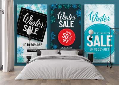 Winter sale vector poster template set with discount text and snow elements in different backgrounds for holiday shopping promotion. Vector illustration.
 Wall mural