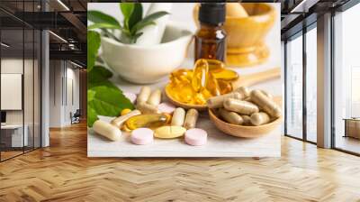 alternative medicine herbal organic capsule with vitamin e omega 3 fish oil, mineral, drug with herb Wall mural