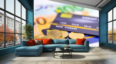 Credit card with coins and Euro banknotes : Financial development, Accounting, Statistics, Investment Analytic research data economy office Business company banking concept. Wall mural