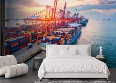 Logistics, container Cargo ship transportation with working crane bridge in deep sea port for import export. Wall mural