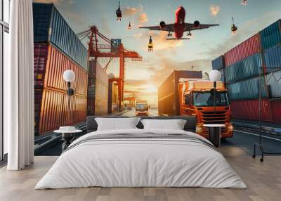 Logistics, container Cargo ship transportation with working crane bridge in deep sea port for import export. Wall mural