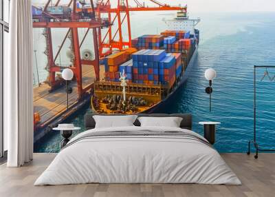 Logistics, container Cargo ship transportation with working crane bridge in deep sea port for import export. Wall mural