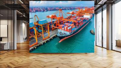 Logistics, container Cargo ship transportation with working crane bridge in deep sea port for import export. Wall mural