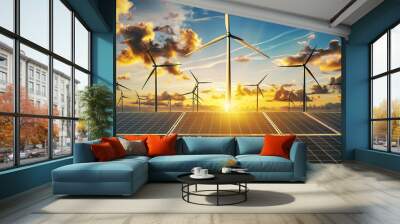 Solar farm, Solar cells panels and wind turbines for electricity alternative renewable energy. . Wall mural