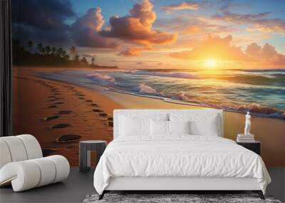 A beach with footprint and wave of the sea. Wall mural