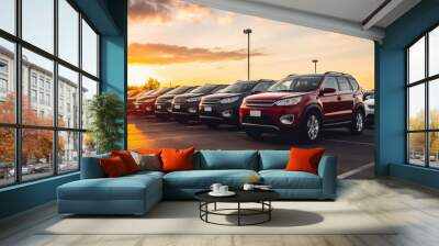 A many new cars different colour on the parking. Wall mural