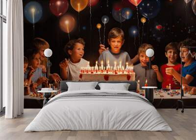 blow candles at birthady party, wishes a wish while her friends look at her. Wall mural